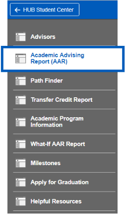 Screenshot of Academic Progress sub-navigation with Academic Advising Report (AAR) highlighted.