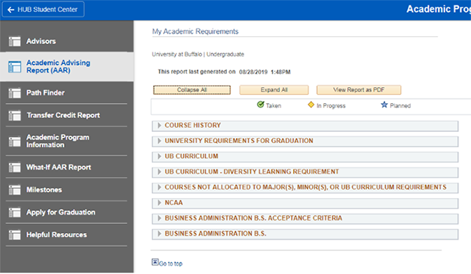 Screenshot of a fulfilled and collapsed Academic Advisement Report (AAR) requirement.
