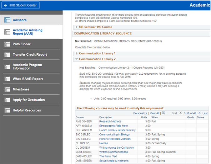 Screenshot showing how unfulfilled requirements are expanded in an Academic Advisement Report (AAR).