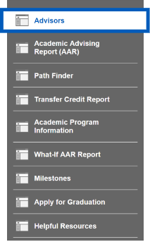 Text: Screenshot of Academic Progress sub-navigation with Advisor highlighted.