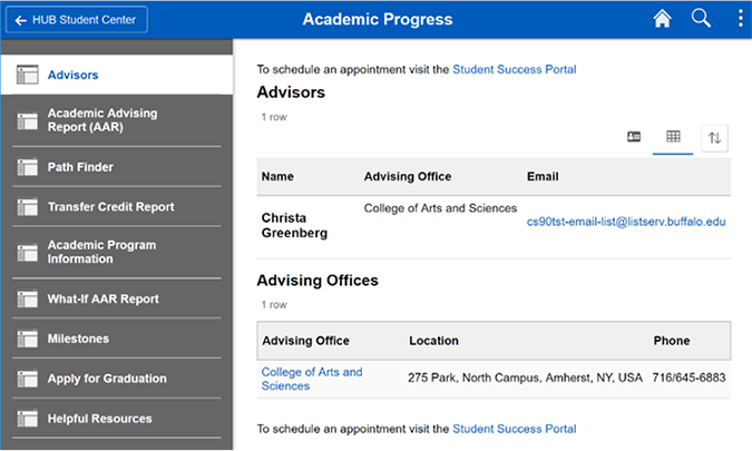 Screenshot of Advisors page displaying an academic advisor, advising office, and link to the Student Success Portal.