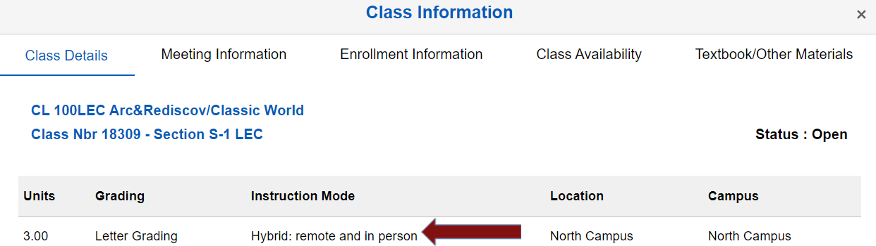 Screenshot of the class details with an arrow pointing to the class instruction mode.