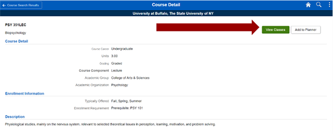 Screenshot of the Course Detail page with additional information about a course and an arrow pointing to the View Classes button.