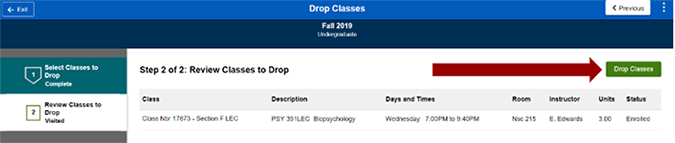 Screenshot of Review Classes to Drop page with list of classes being dropped and arrow pointing to Drop Courses button.