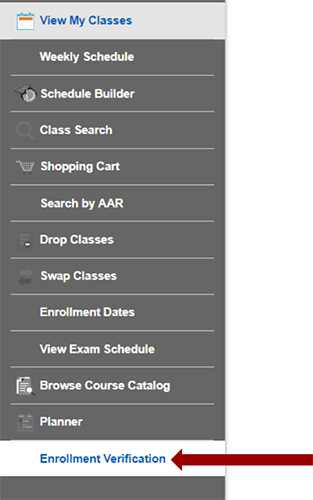 Screenshot of Manage Classes sub navigation with an arrow pointing to Enrollment Verification.