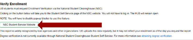 Screenshot of available NSC options with a box around the selected current enrollment option.