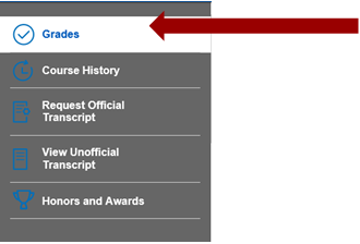 Screenshot of Grades and Awards sub-navigation (with Grades highlighted). Select a term to view grades.