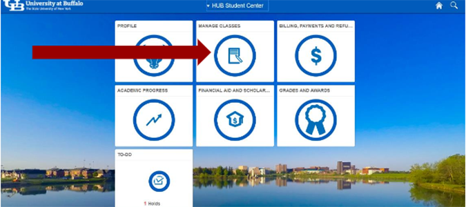 Screenshot of HUB Student Center with an arrow pointing to the Manage Courses tile.
