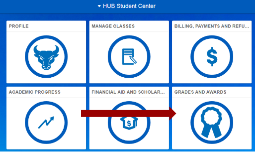 Screenshot of HUB Student Center homepage with an arrow pointing to Grades and Awards tile.