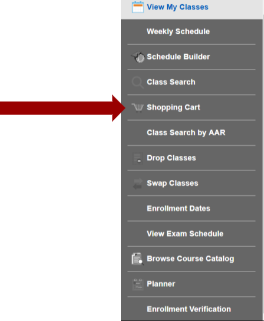 Screenshot of Manage Classes sub navigation with an arrow pointing to Shopping Cart.