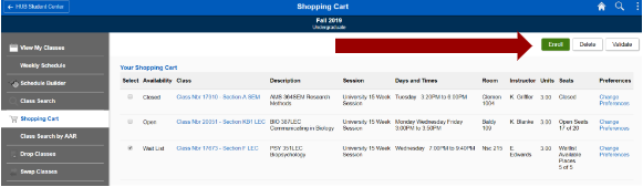 Screen shot of Shopping Cart with an arrow pointing to the Enroll button.