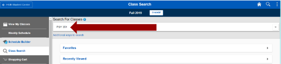 Screenshot of PSY351 added as search criteria in the Search for Classes field.