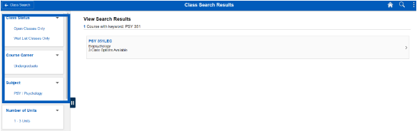 Screenshot of class search results with options to filter outlined in the left-hand navigation.