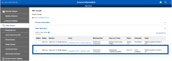 Screenshot of class information with a box outlining a specific class section that a student should select to register.
