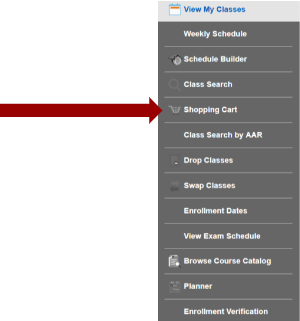 Screenshot of Manage Classes sub navigation with arrow pointing to the Shopping Cart.