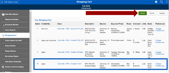Screenshot of Shopping Cart screen with PSY 351 selected and an arrow pointing to Enroll button.