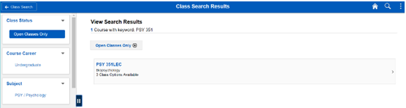 Screenshot of classsearch results using PSY 351 as search criteria.