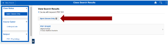 Screenshot of class search results with options to filter outlined in the left-hand navigation. Arrow pointing to Open Classes Only criteria that has been selected.
