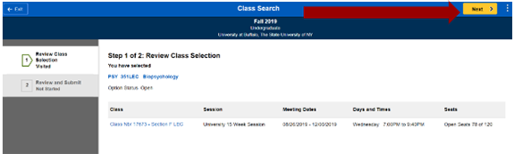 Screenshot of PSY 351 class search selection with an arrow pointing to the next button.