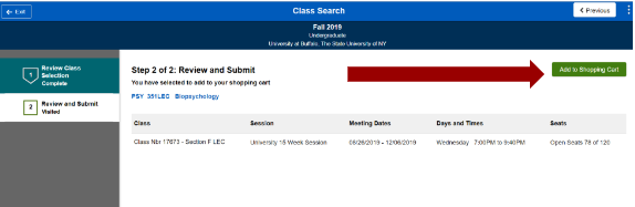 Screenshot of PSY 351 class search selection with an arrow pointing to the Add to Shopping Cart button.
