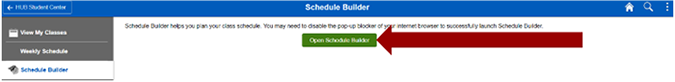 Screenshot of the Schedule Builder page with an arrow pointing to Open Scheduler Builder button.