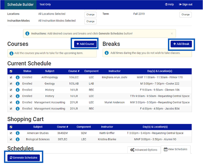 Screenshot of the schedule builder page with Add Course, Add Break, and Generate Schedules buttons highlighted.