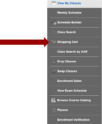 Screenshot of Manage Classes sub navigation with an arrow pointing to the Shopping Cart.