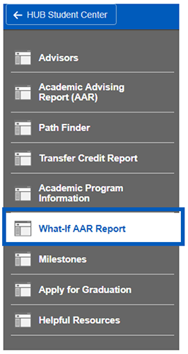 Screenshot of Academic Progress sub-navigation with What-if AAR Report highlighted.