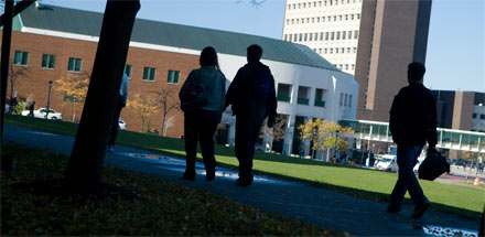 Students walking on UB's North Campus.
